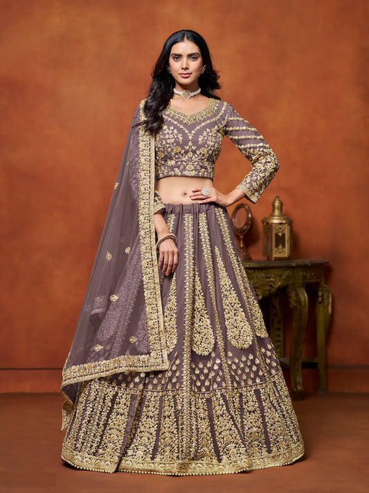Dusty grey net lehenga choli with thread and sequence embroidery work