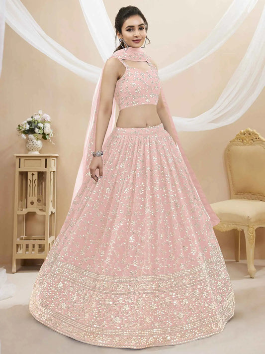 Light Pink Georgette Lehenga With Sequins And Zari Embroidery Work