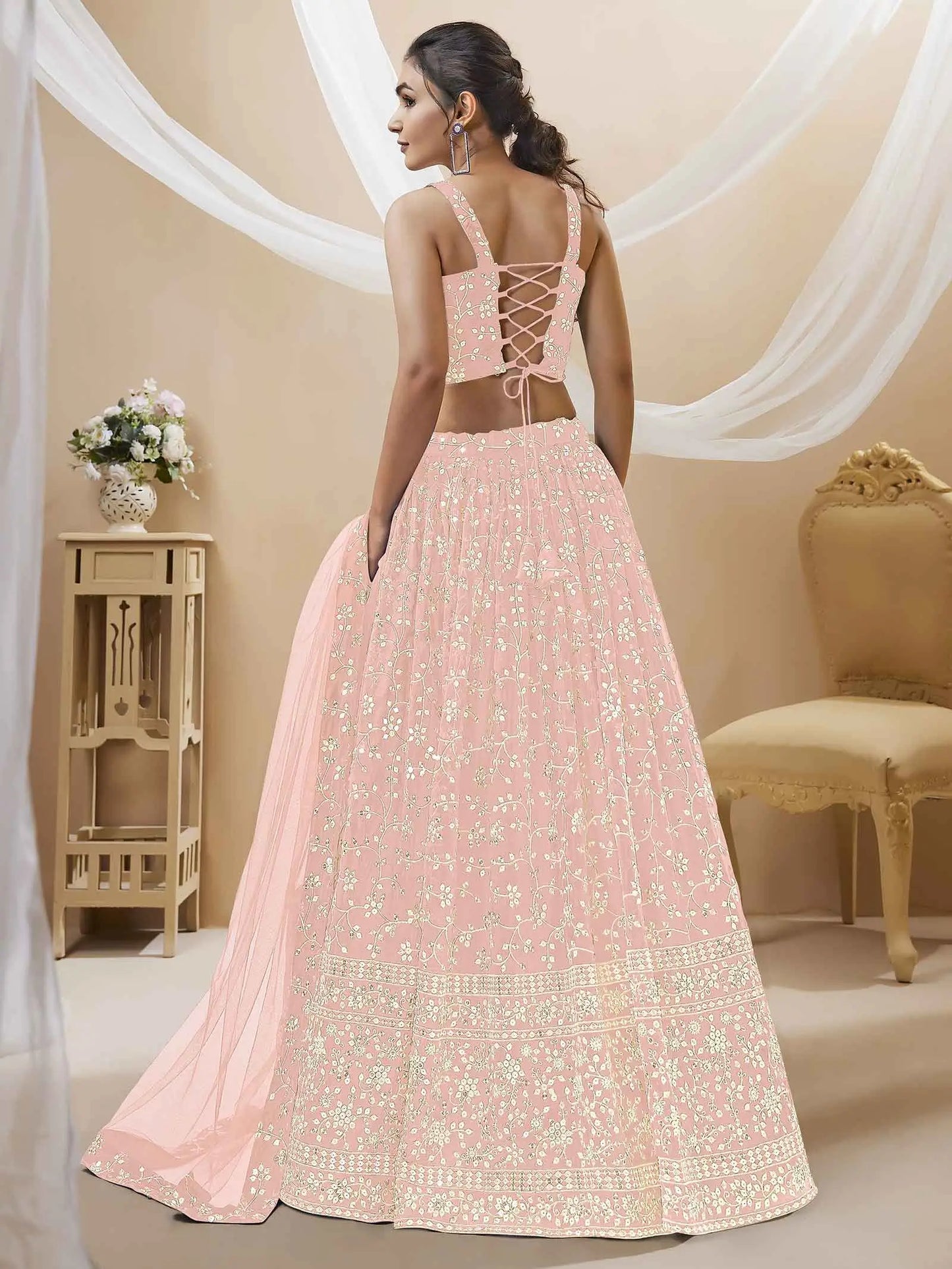 Light Pink Georgette Lehenga With Sequins And Zari Embroidery Work