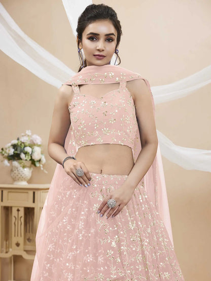 Light Pink Georgette Lehenga With Sequins And Zari Embroidery Work