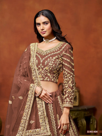 Brown Net Lehenga Choli With Thread & Sequence Embroidery Work