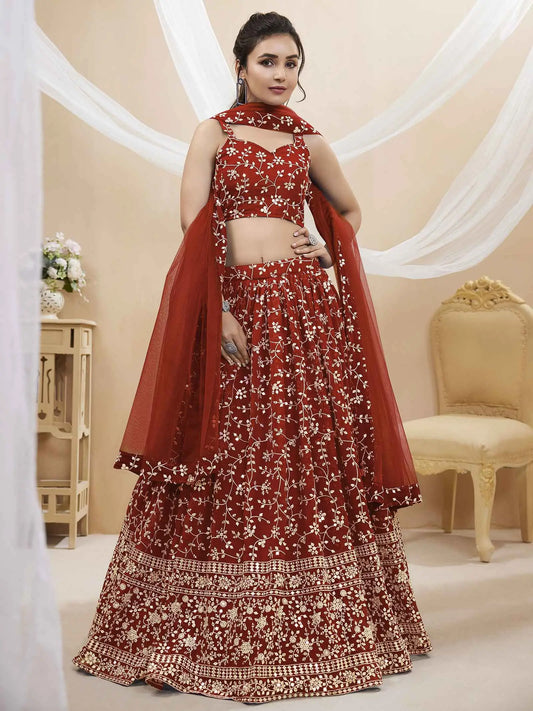 Red Georgette Lehenga With Sequins And Zari Embroidery Work