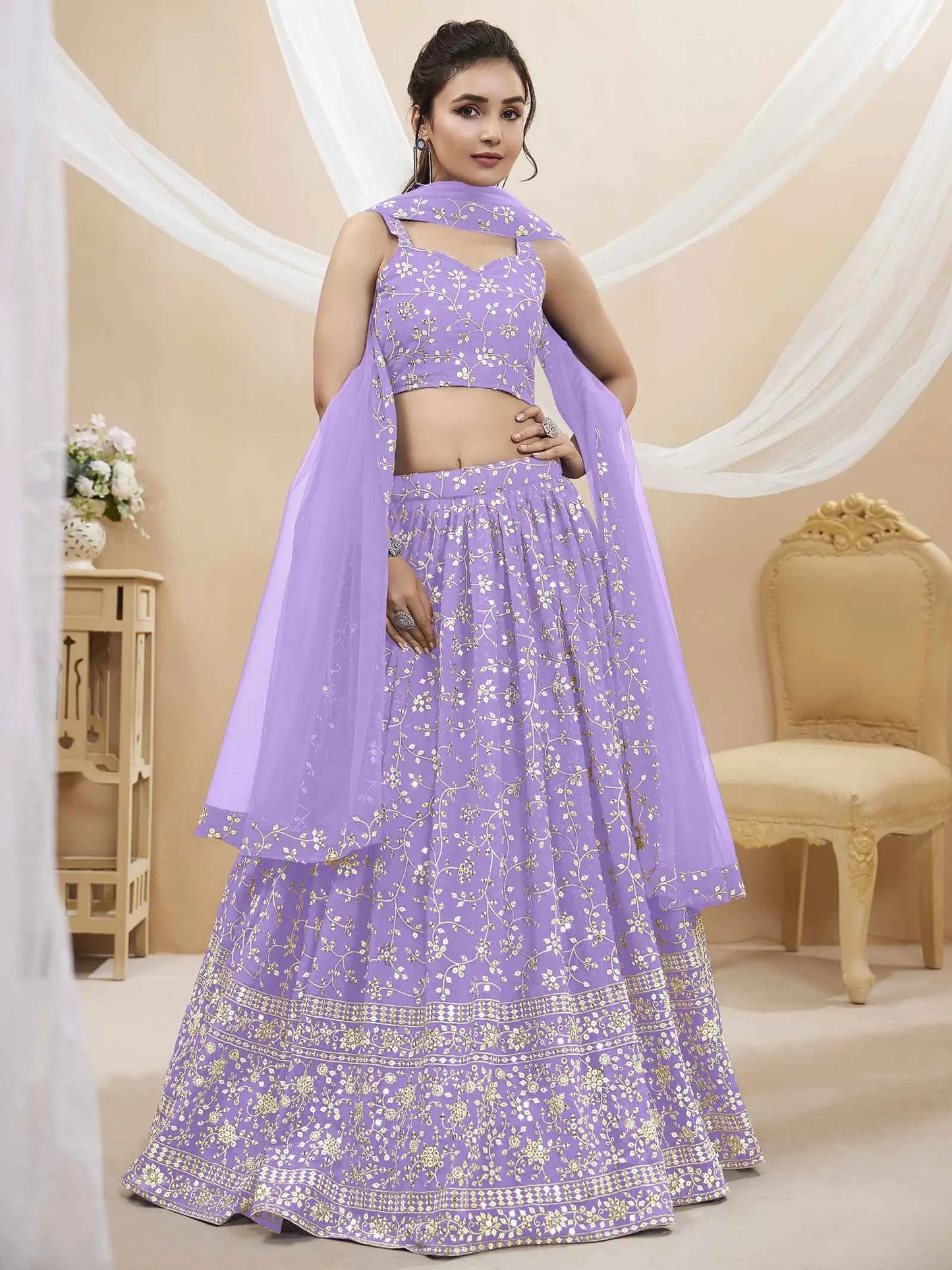 Lavender Georgette Lehenga With Sequins And Zari Embroidery Work