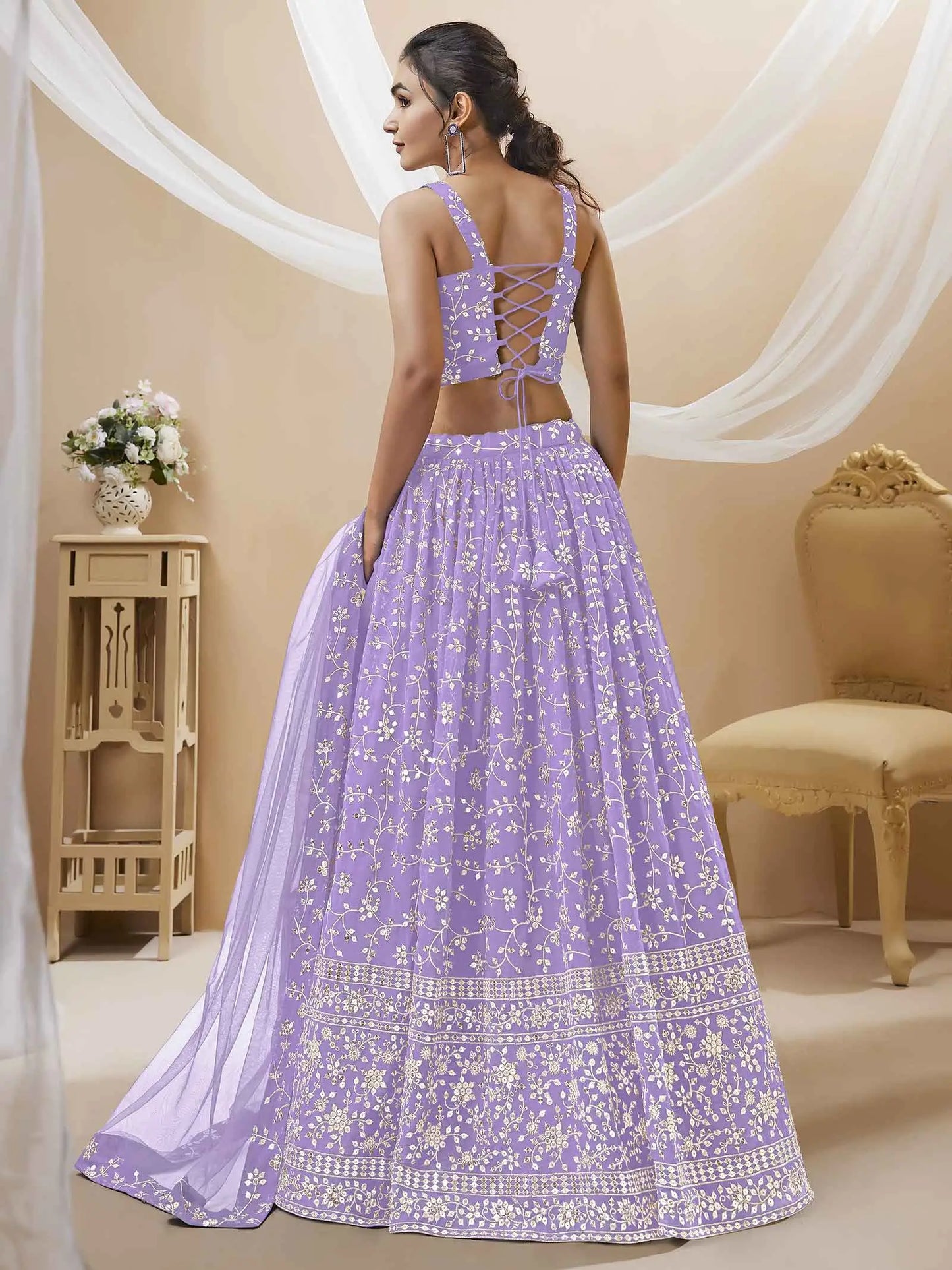 Lavender Georgette Lehenga With Sequins And Zari Embroidery Work