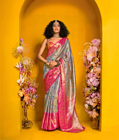 Blue-Pink Handloom Silk Saree With Zari Weaving Work