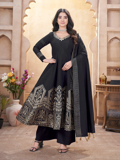 Black Mirror Work And Foil Print Gown With Dupatta