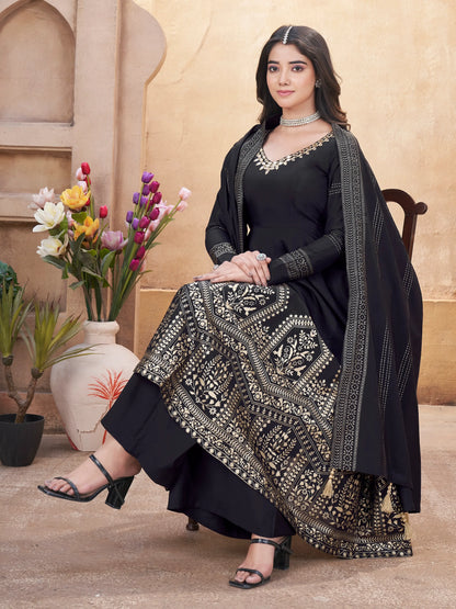 Black Mirror Work And Foil Print Gown With Dupatta