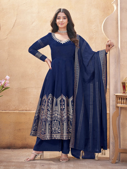 Navy Blue Mirror Work And Foil Print Gown With Dupatta