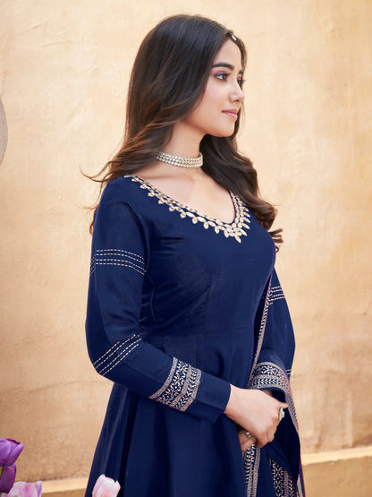 Navy Blue Mirror Work And Foil Print Gown With Dupatta