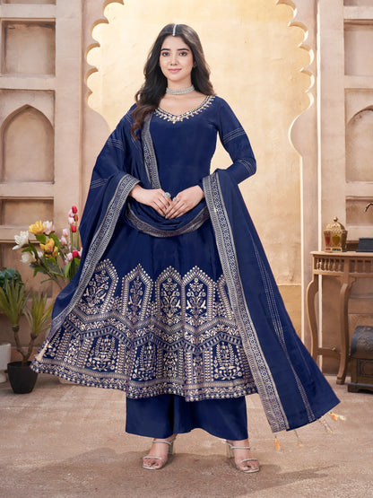 Navy Blue Mirror Work And Foil Print Gown With Dupatta