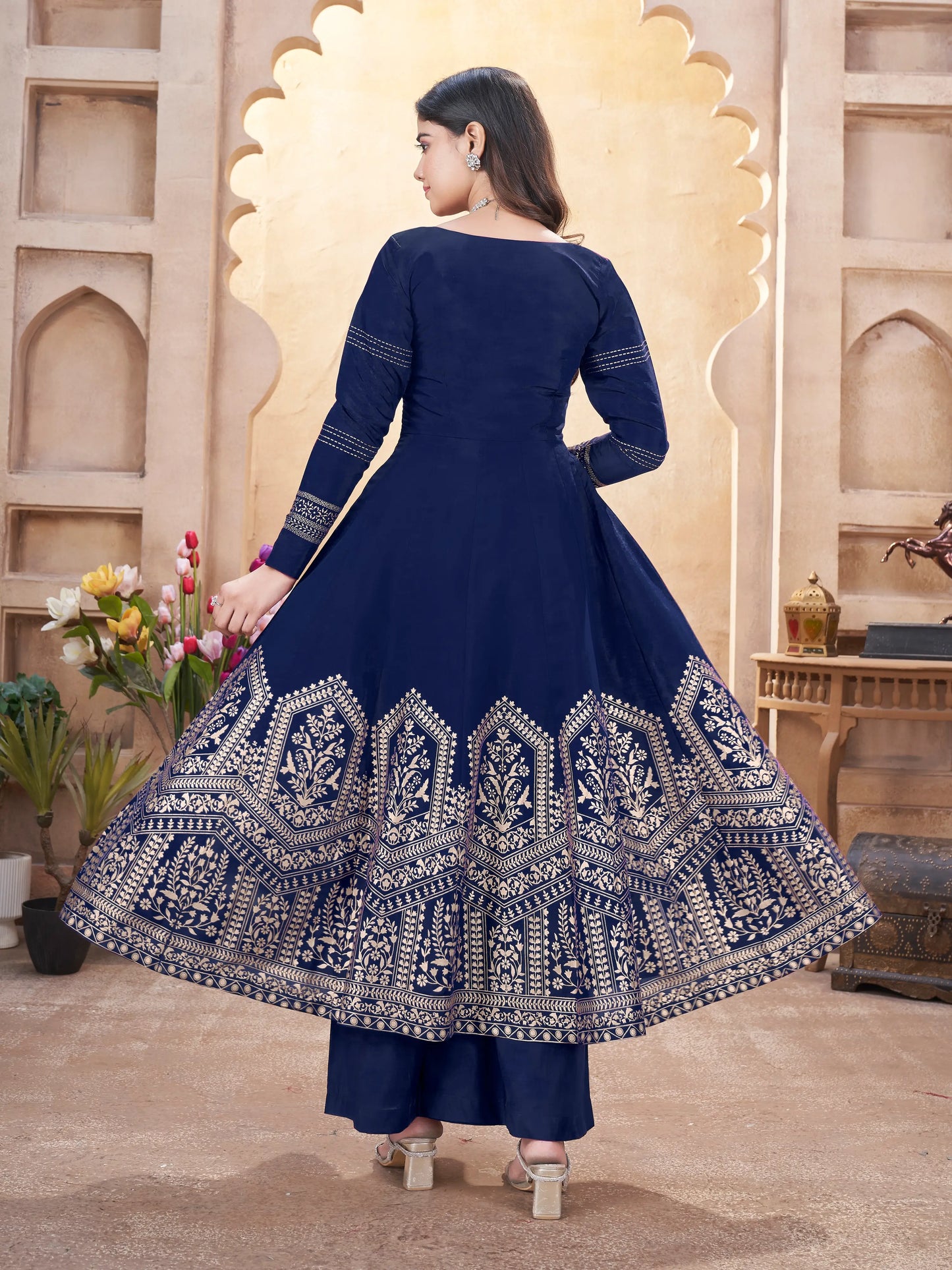 Navy Blue Mirror Work And Foil Print Gown With Dupatta