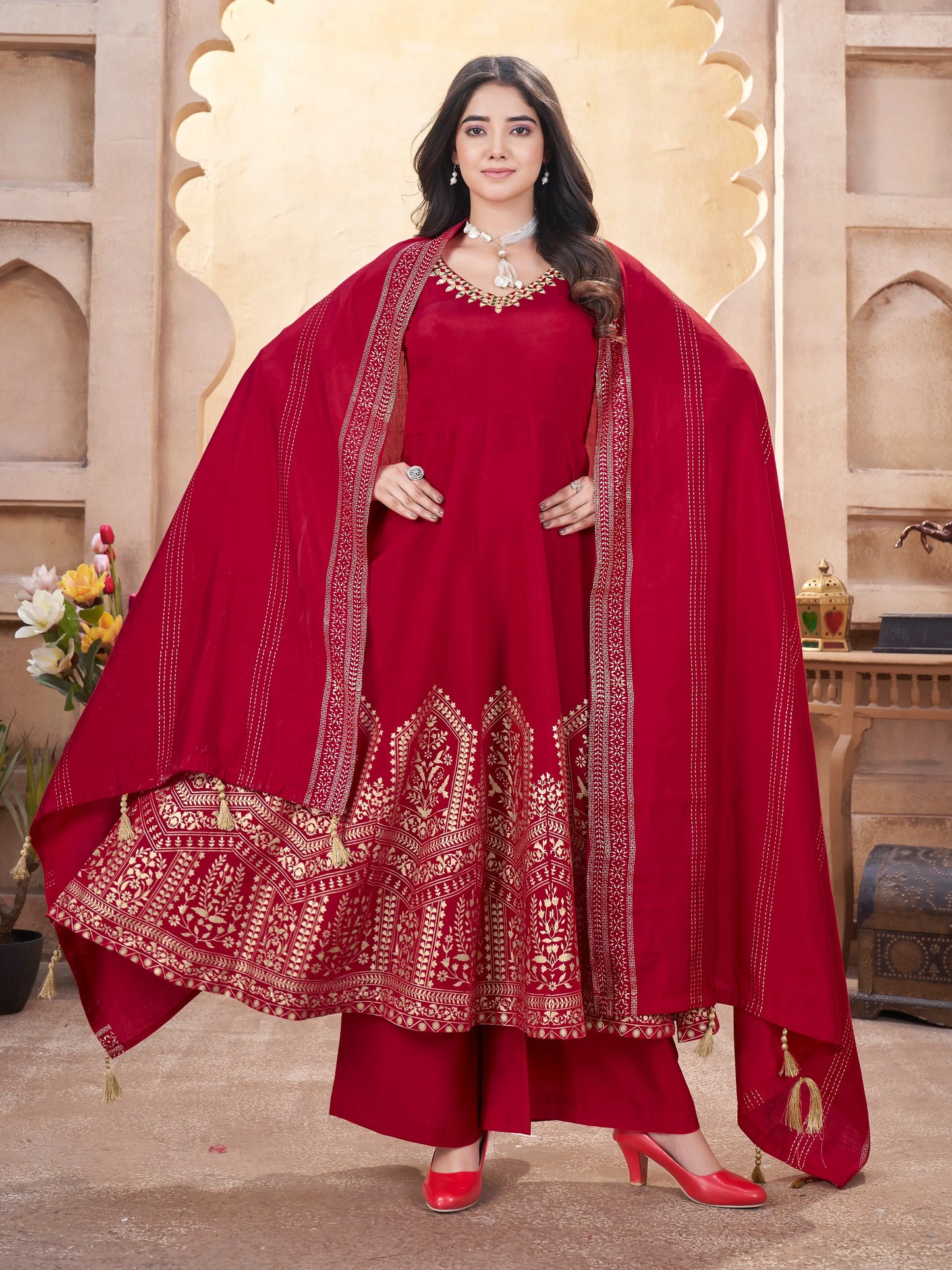 Red  Work And Foil Print Gown With Dupatta