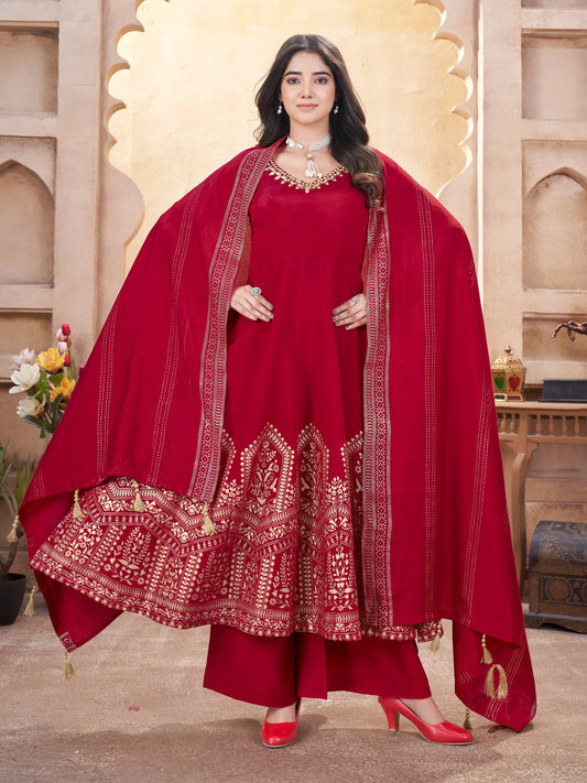 Red  Work And Foil Print Gown With Dupatta