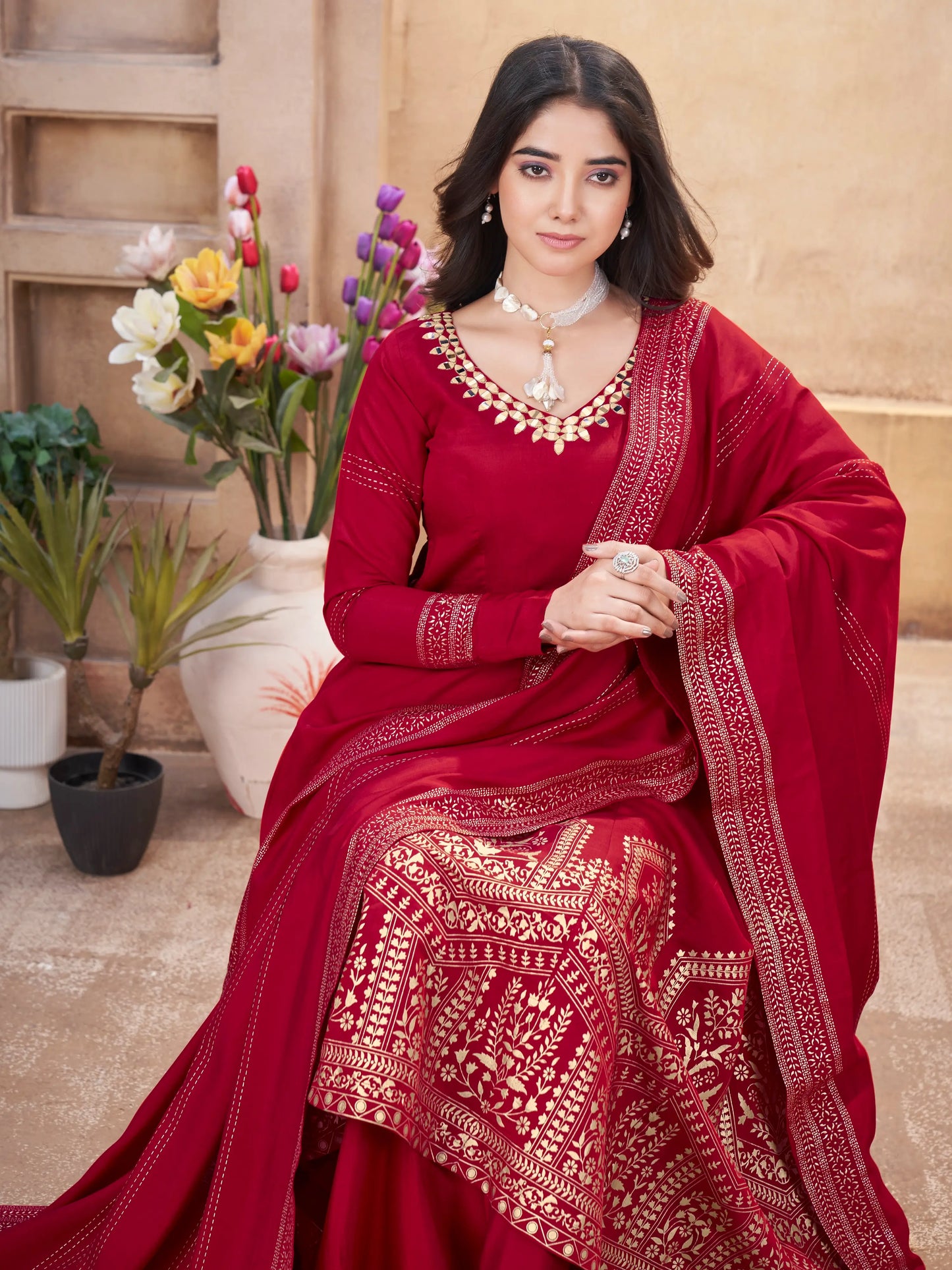 Red  Work And Foil Print Gown With Dupatta