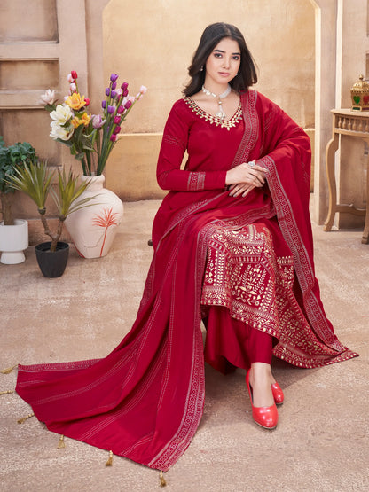 Red  Work And Foil Print Gown With Dupatta