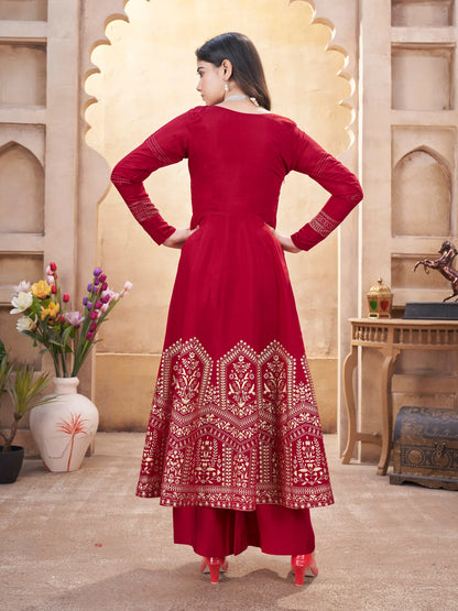 Red  Work And Foil Print Gown With Dupatta