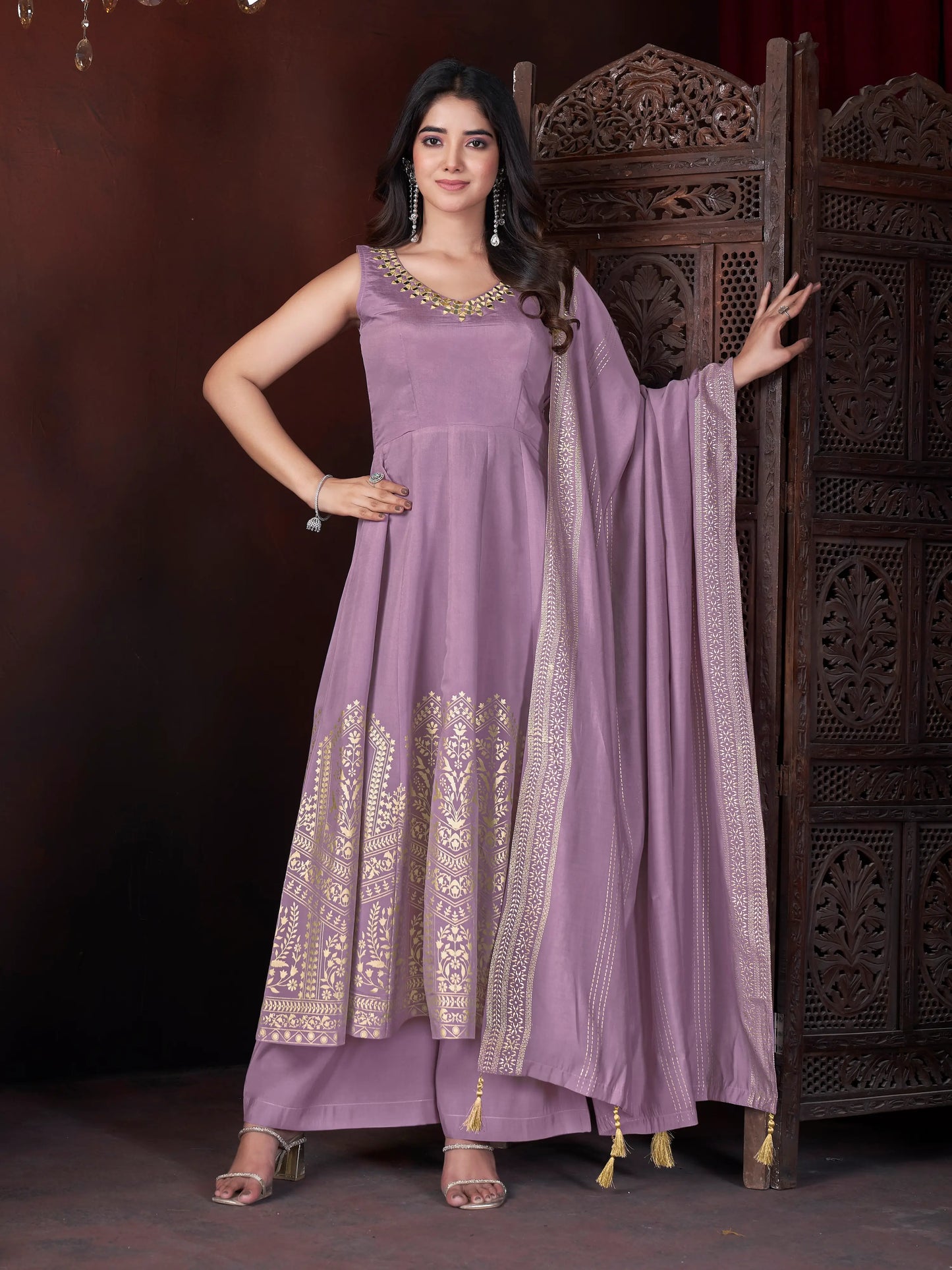 Purple Mirror Work And Foil Print Gown With Dupatta