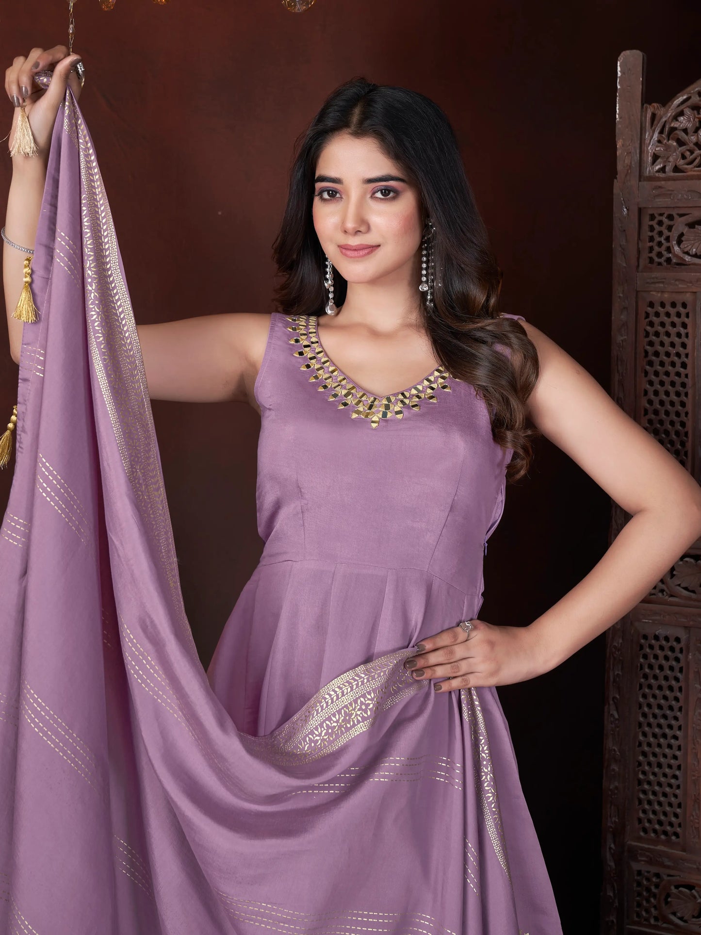 Purple Mirror Work And Foil Print Gown With Dupatta