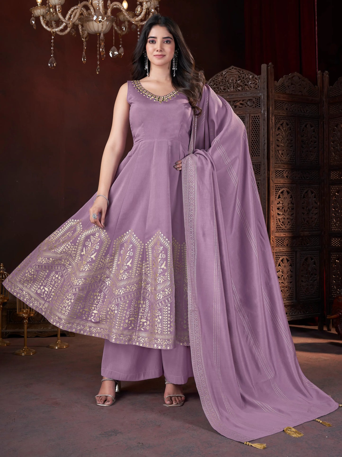 Purple Mirror Work And Foil Print Gown With Dupatta