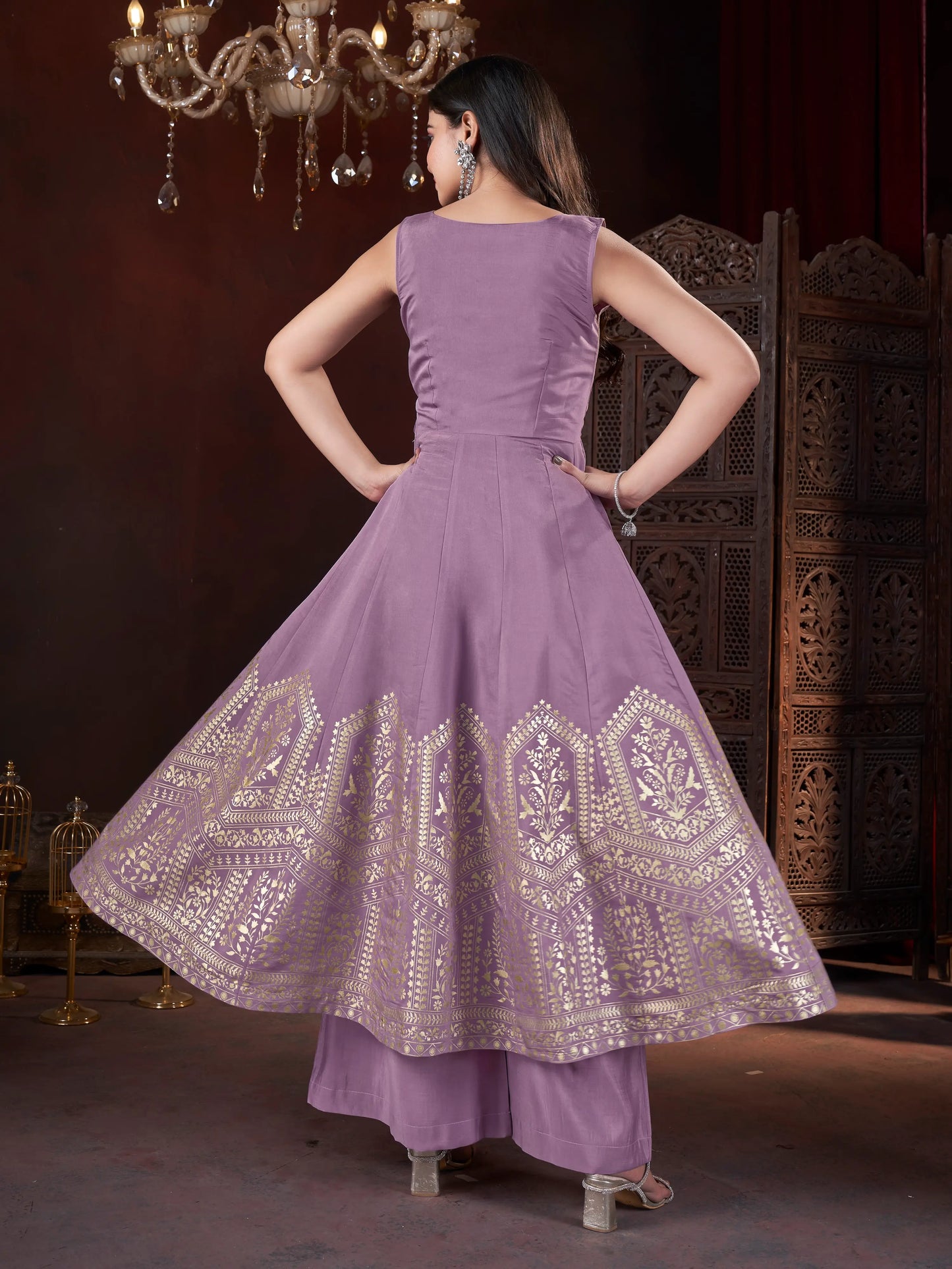 Purple Mirror Work And Foil Print Gown With Dupatta