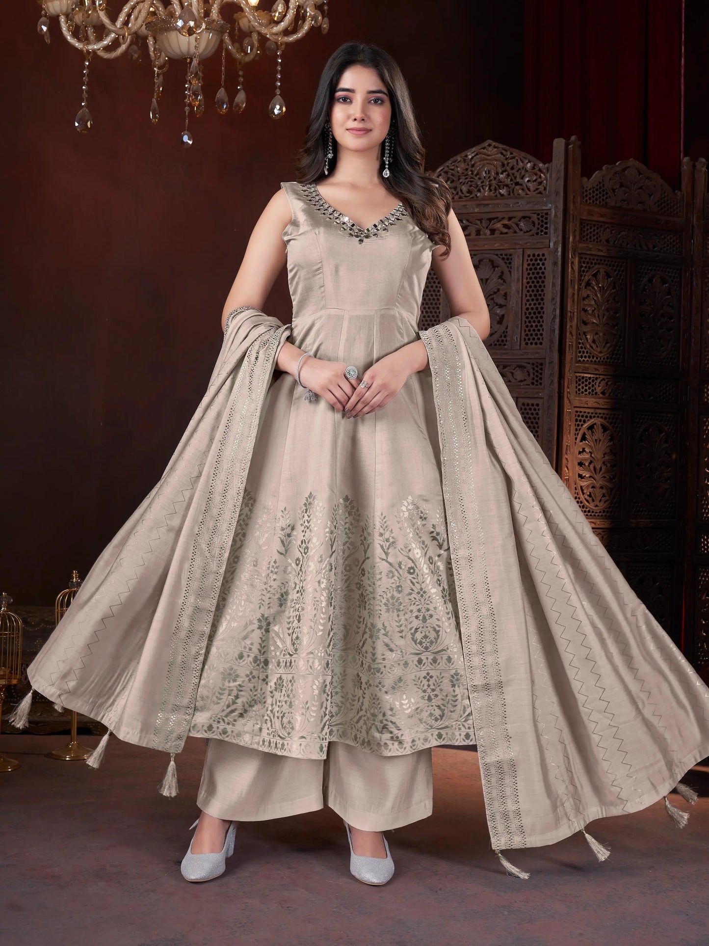 Cream Mirror Work And Foil Print Gown With Dupatta