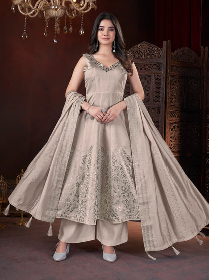 Cream Mirror Work And Foil Print Gown With Dupatta