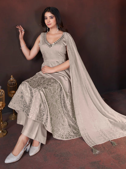 Cream Mirror Work And Foil Print Gown With Dupatta