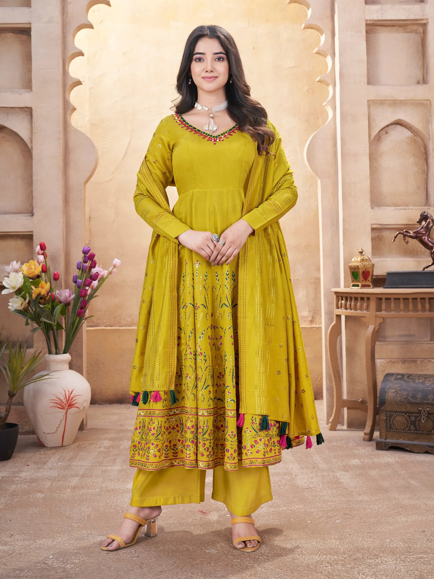 Fluorescent Yellow Mirror Work Silk Gown