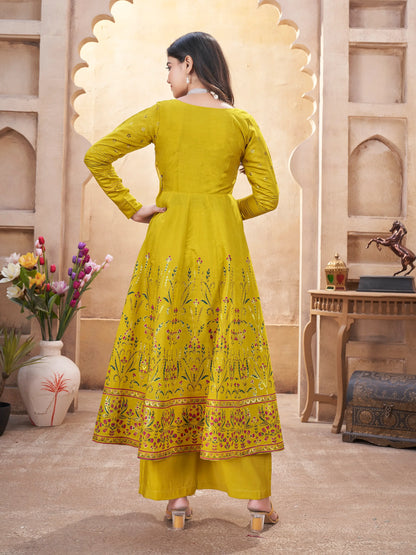 Fluorescent Yellow Mirror Work Silk Gown