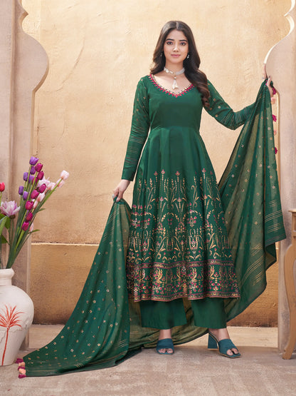 Green Mirror Work Silk Gown With Dupatta