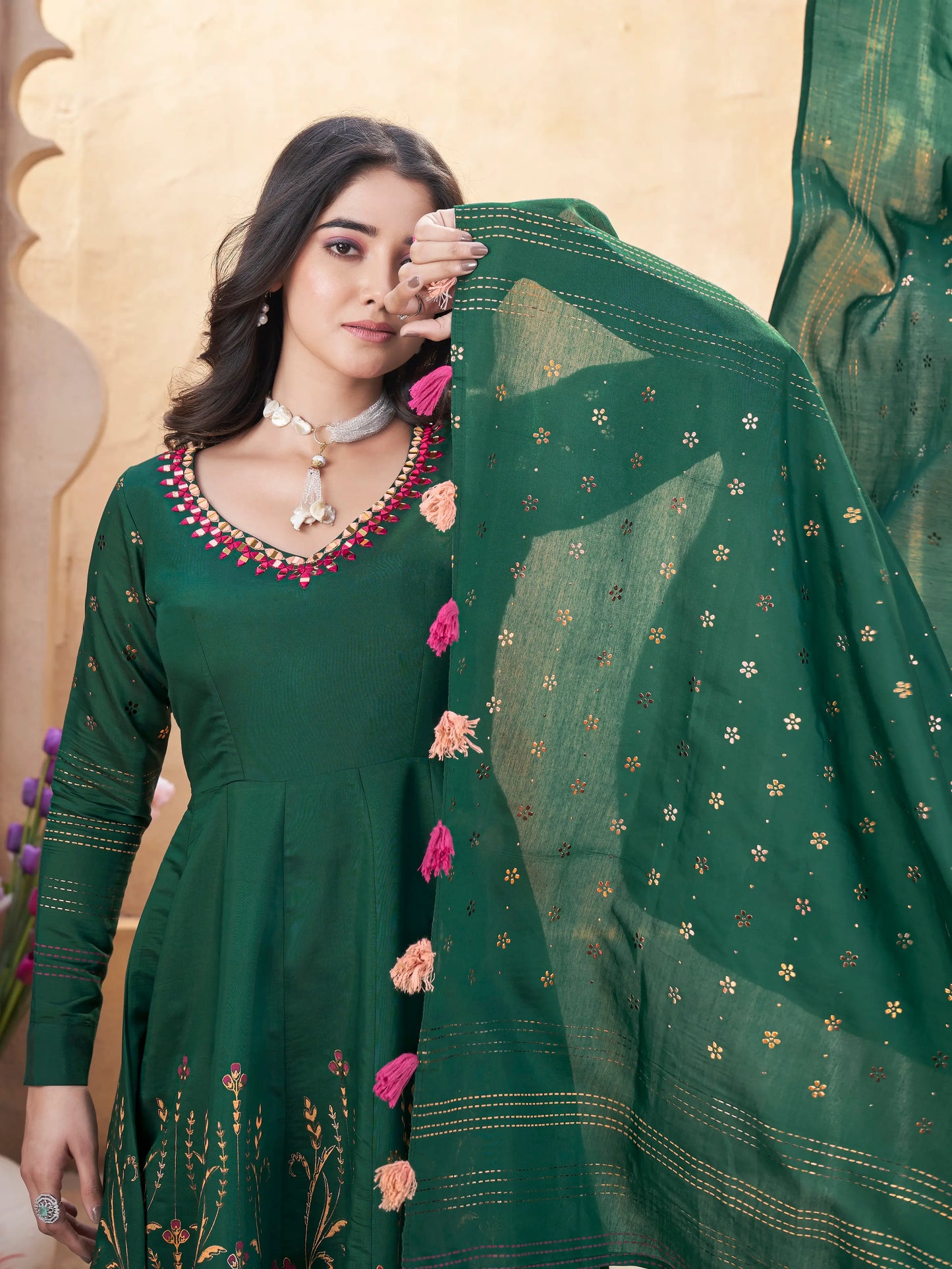 Green Mirror Work Silk Gown With Dupatta