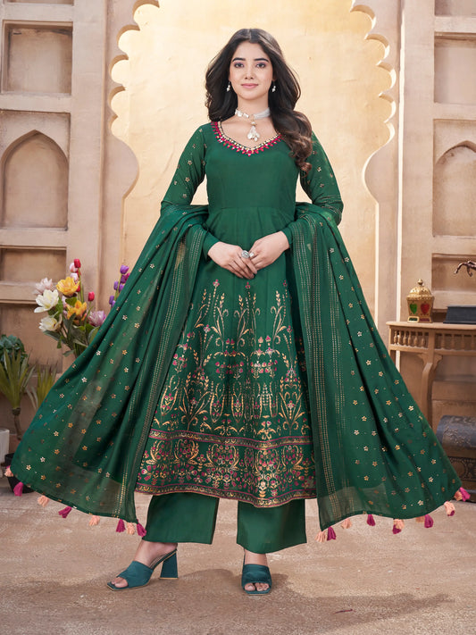 Green Mirror Work Silk Gown With Dupatta