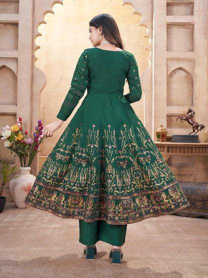 Green Mirror Work Silk Gown With Dupatta