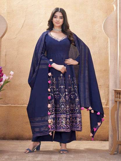 Navy Blue Mirror Work Silk Gown With Dupatta