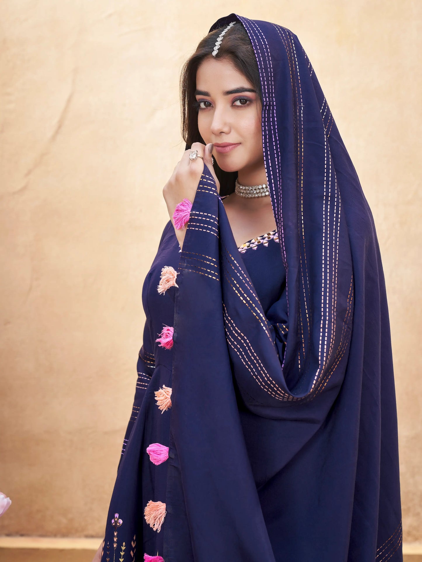 Navy Blue Mirror Work Silk Gown With Dupatta