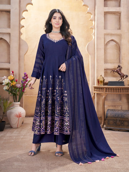 Navy Blue Mirror Work Silk Gown With Dupatta