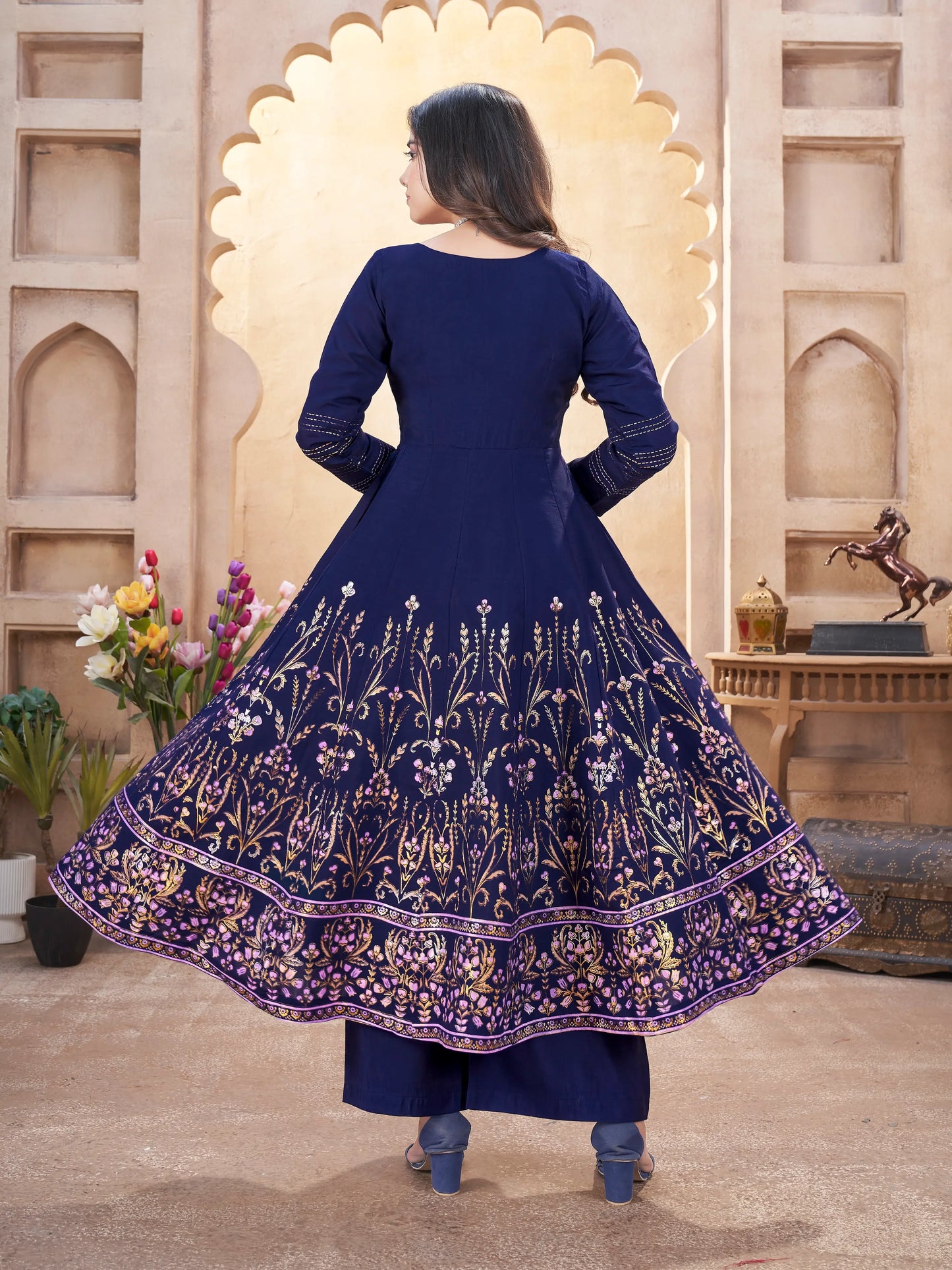 Navy Blue Mirror Work Silk Gown With Dupatta