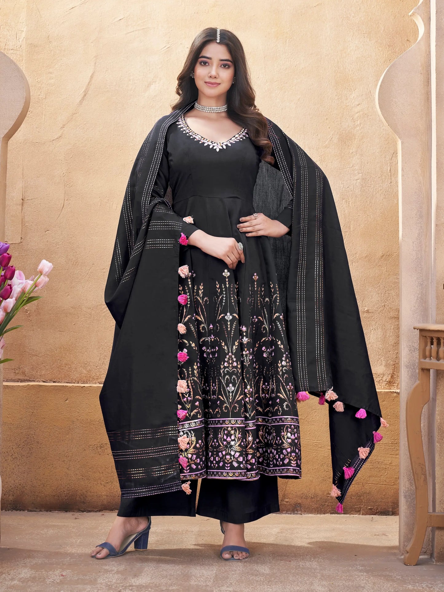 Black Mirror Work Silk Gown With Dupatta