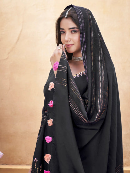 Black Mirror Work Silk Gown With Dupatta