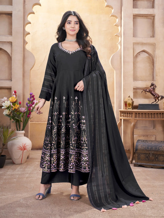 Black Mirror Work Silk Gown With Dupatta