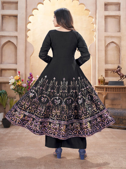 Black Mirror Work Silk Gown With Dupatta