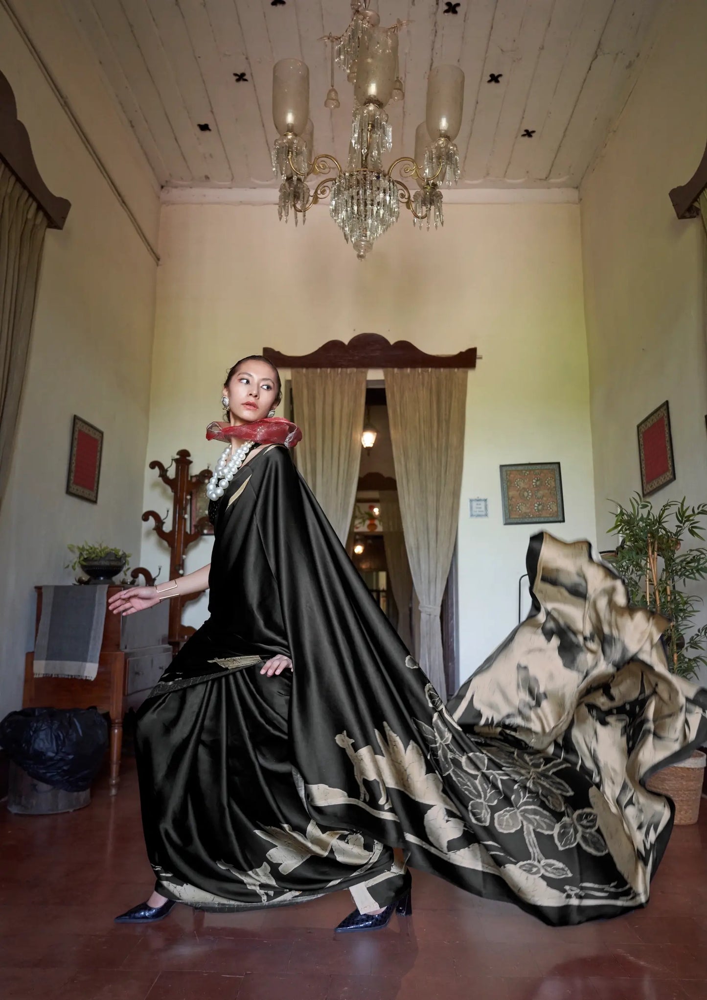 Black-Golden Satin Figurative Print Saree