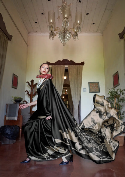 Black-Golden Satin Figurative Print Saree