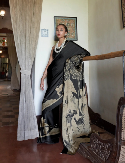 Black-Golden Satin Figurative Print Saree