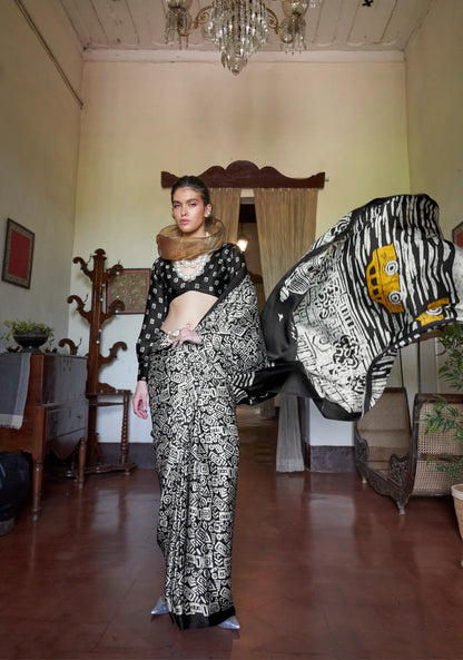 Black-White Satin illustration Print Saree