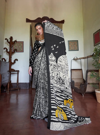 Black-White Satin illustration Print Saree