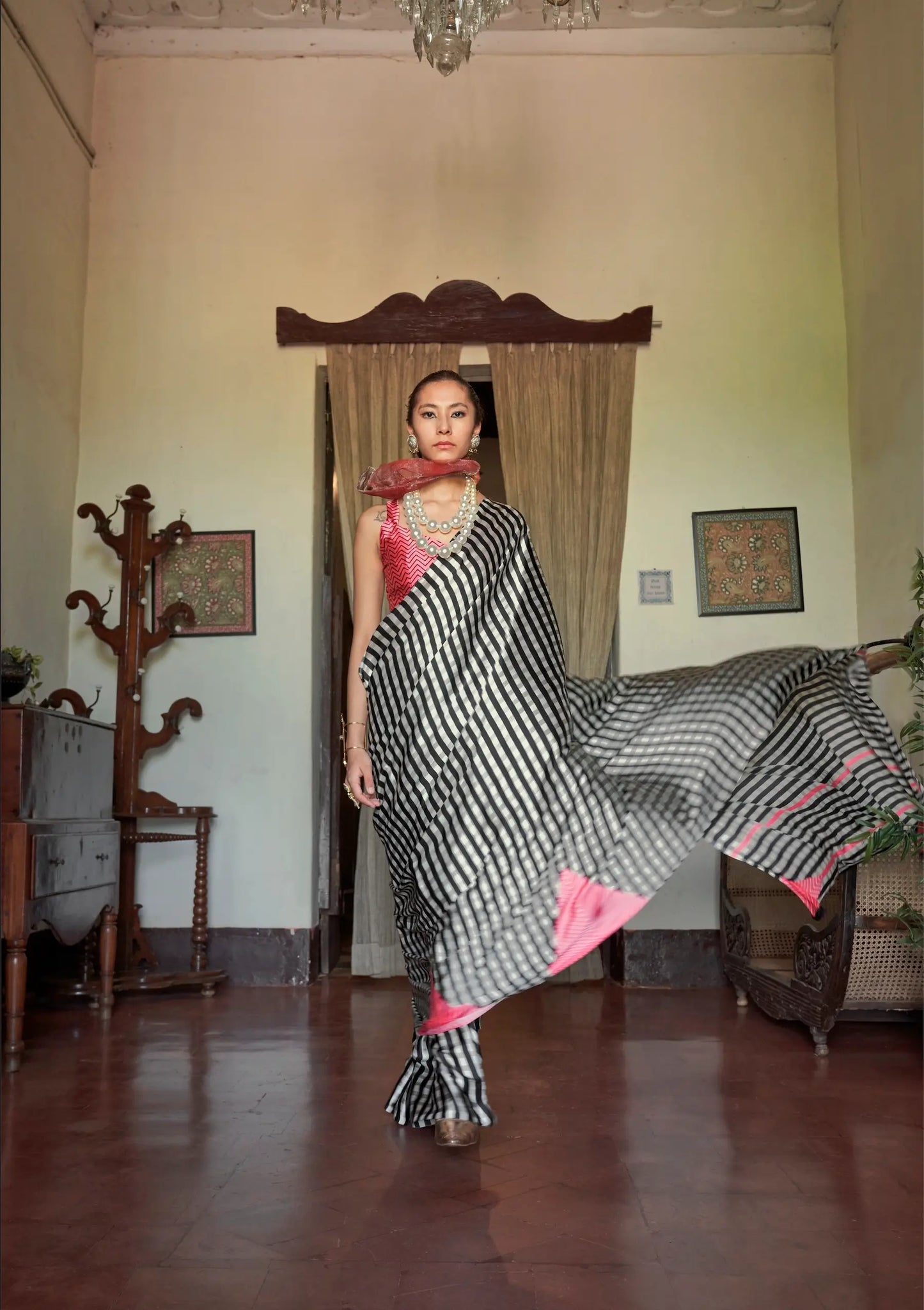 Black-White Satin Stripped Print Saree