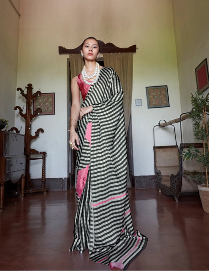 Black-White Satin Stripped Print Saree