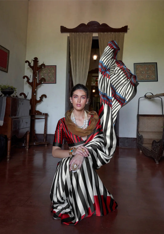 Black-White Satin Bold Stripped Print Saree