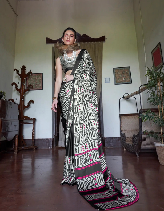 Black-White Satin Geometric Print Saree